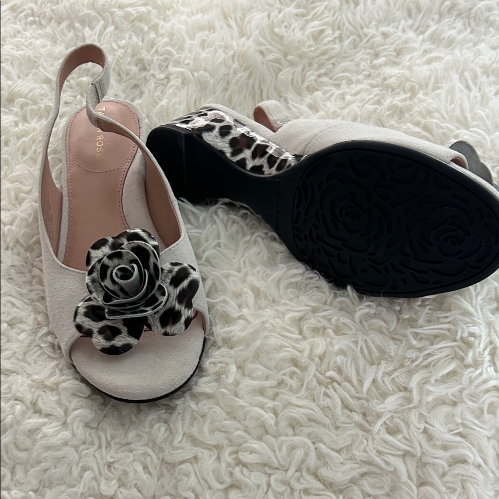 Taryn Rose white suede Slingback Sandals with Leopard-Print Flower and trim